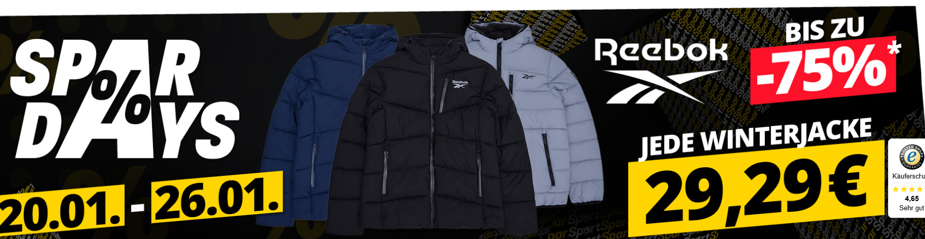 SparDays bei SportSpar mit bis zu 75% Rabatt auf REEBOK Winterjacken – verschiedene Farben!