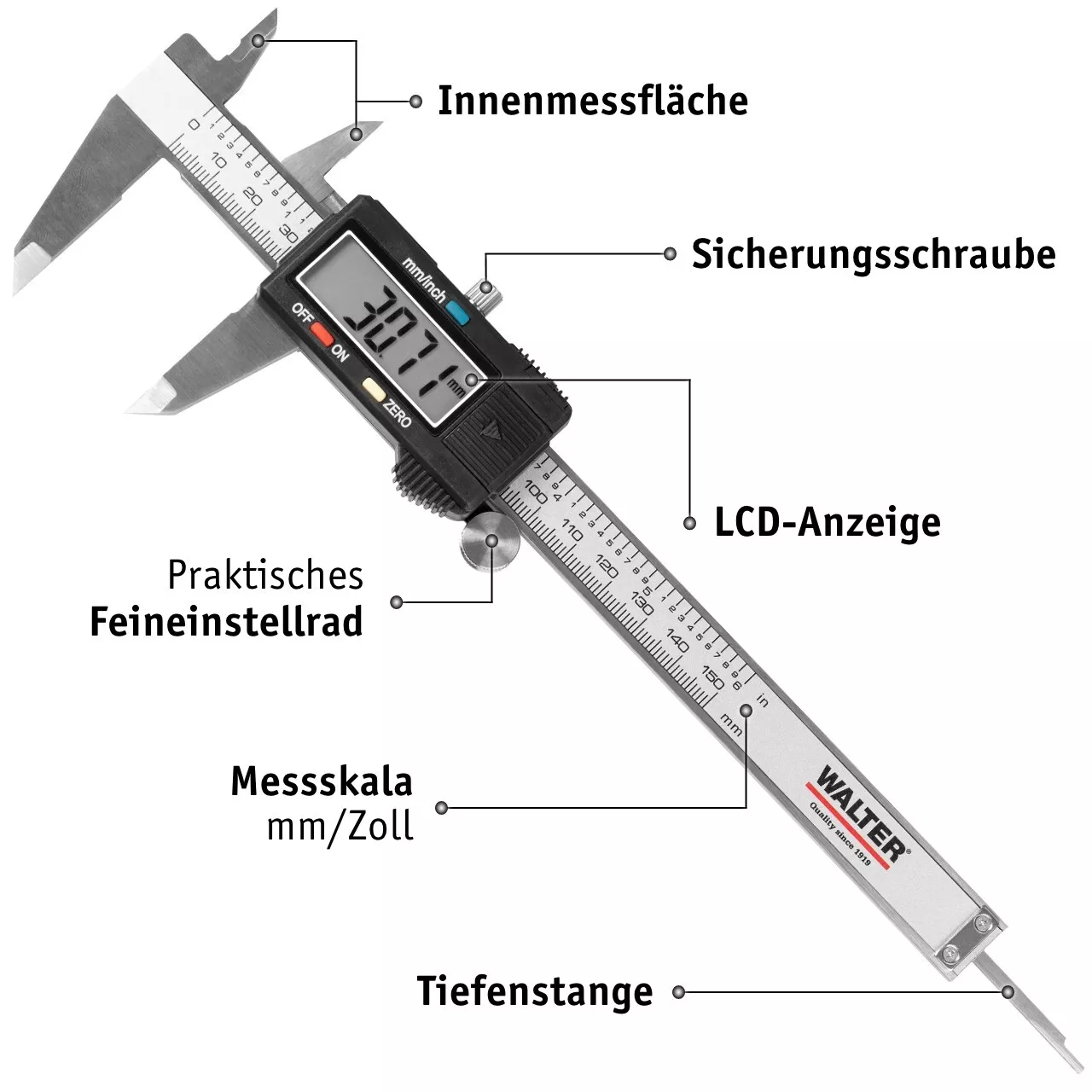 WALTER Digitaler Messschieber Schieblehre , 0 – 150 mm Messlehre Tiefenmesser + Batterien mit LCD Display, Spritzwasserdicht für 17,91€ inkl. Versand!